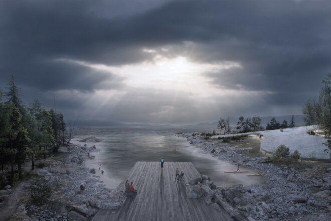 rendering of people on a pier at a harbor