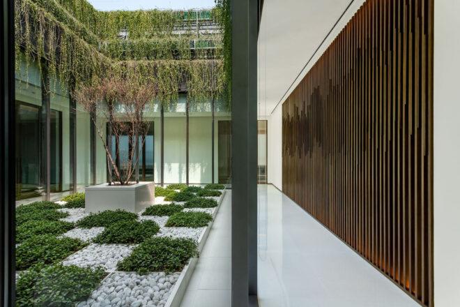 a courtyard with greenery and a tree in the middle. a white walkway surrounding the courtyard is flanked by a wood-paneled wall.