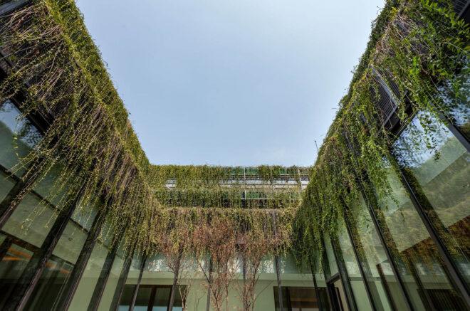 a U-shaped rooftop with greenery hanging down from it.