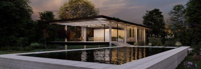 rendering of Farnsworth House made of cross-laminated timber with a natural pool onsite