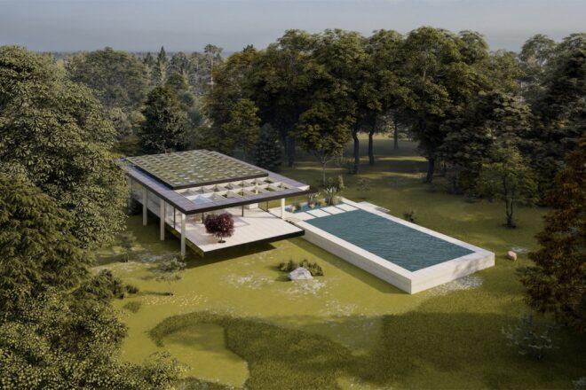 rendering of Farnsworth House topped with solar panels