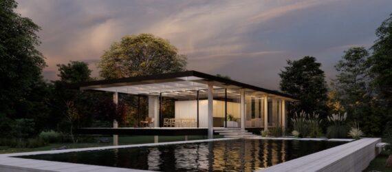 rendering of Farnsworth House made of cross-laminated timber with a natural pool onsite