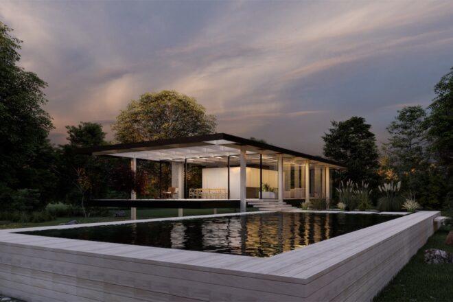 rendering of Farnsworth House made of cross-laminated timber with a natural pool onsite