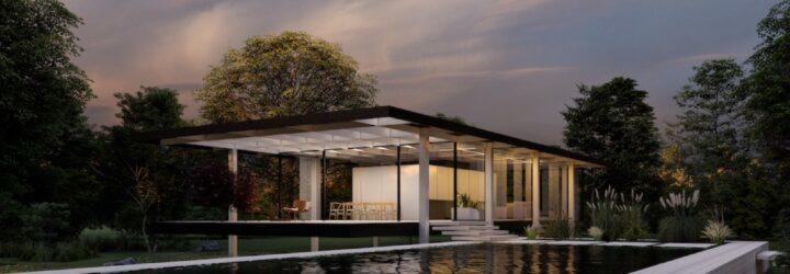 rendering of Farnsworth House made of cross-laminated timber with a natural pool onsite