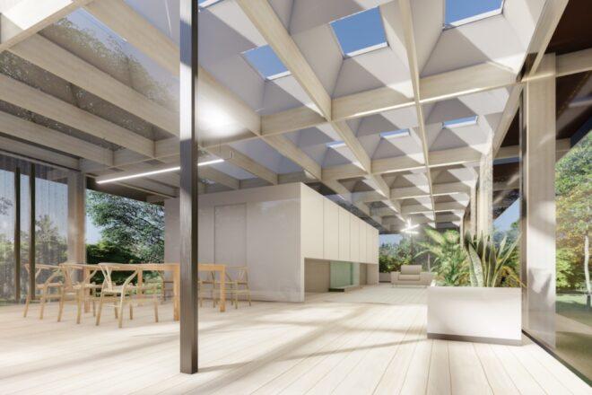 rendering of Farnsworth House interior with several skylights and steel beams