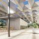 rendering of Farnsworth House interior with several skylights and steel beams