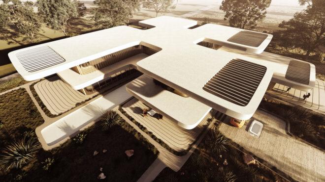 aerial rendering of large house with several cantilevered terraces