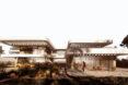 rendering of patio attached to large home with staggered terraces on multiple floors