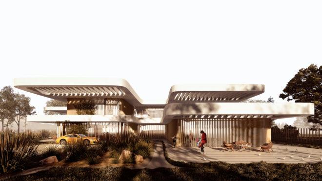 rendering of patio attached to large home with staggered terraces on multiple floors