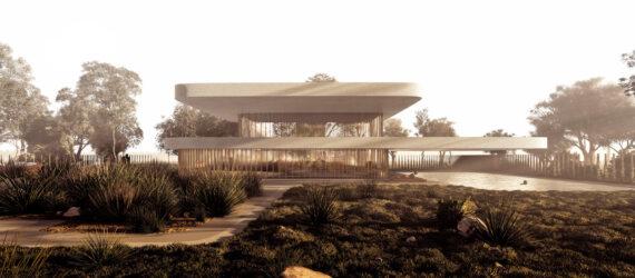 rendering of lush garden and narrow walkway leading to large home with multiple terraces