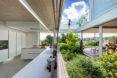 long kitchen counter facing a central garden