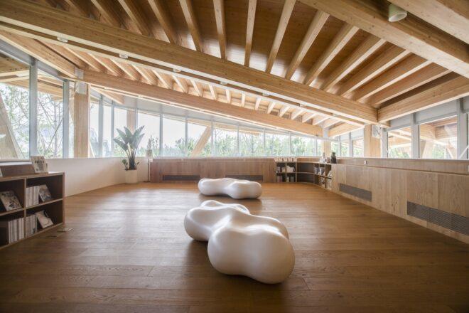 white, bubble-like seats inside timber-lined building