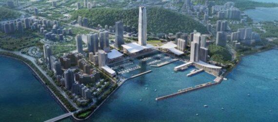 aerial rendering of waterfront neighborhood