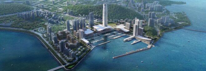 aerial rendering of waterfront neighborhood