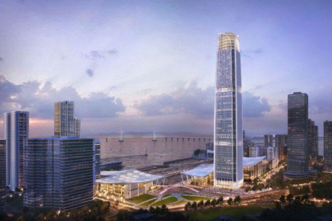 rendering of skyscraper in a city