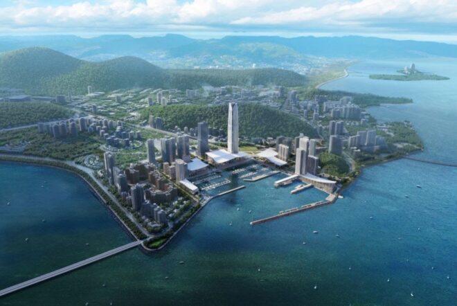 aerial rendering of waterfront neighborhood