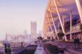 rendering of people walking on waterfront paths