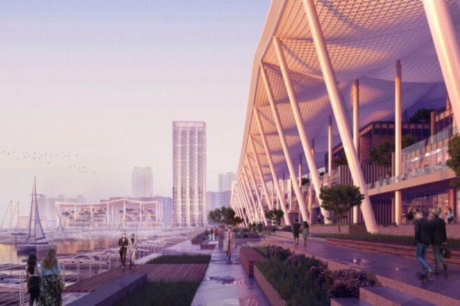 rendering of people walking on waterfront paths