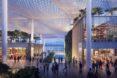 rendering of people walking around beneath canopies
