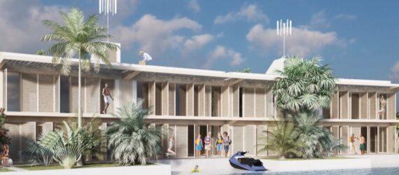 rendering of white floating house with shuttered windows and several palm trees surrounding it