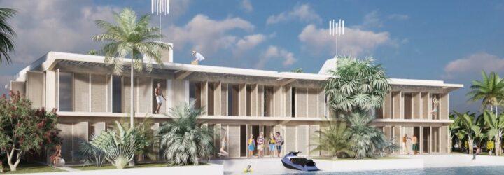 rendering of white floating house with shuttered windows and several palm trees surrounding it