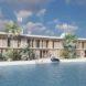 rendering of white floating house with shuttered windows and several palm trees surrounding it