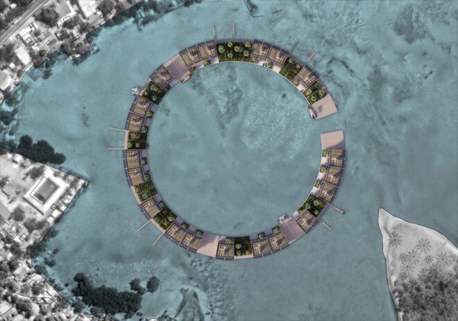 aerial rendering of floating structures arranged in a circle