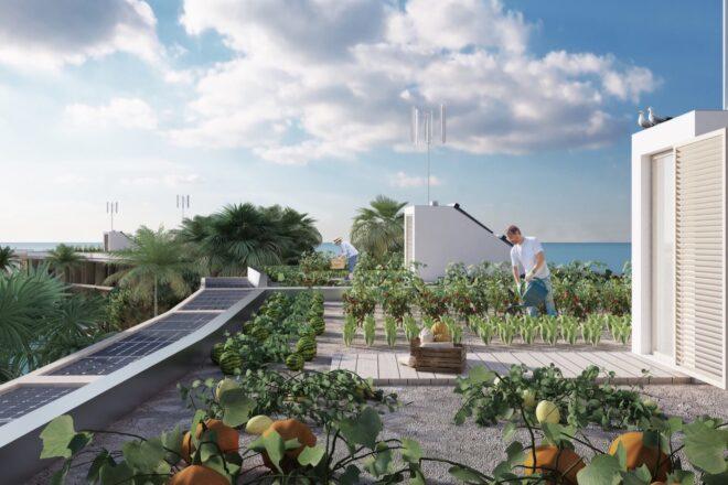 rendering of person watering plants in a garden