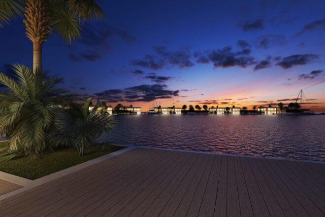 rendering of docked floating home at dusk