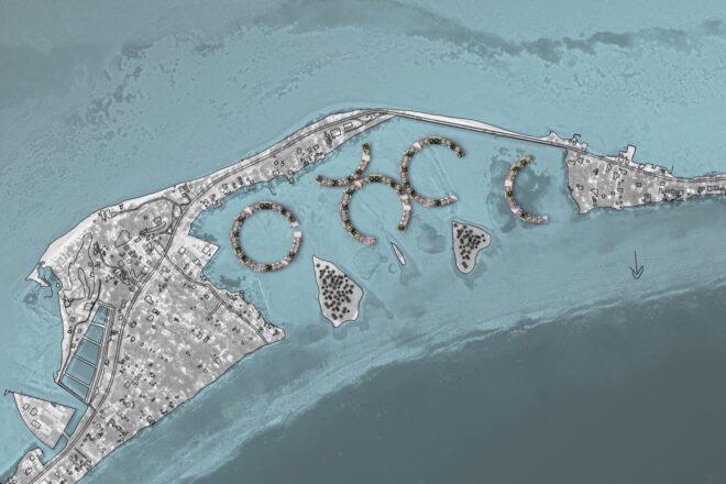 aerial rendering of floating homes arranged in circles