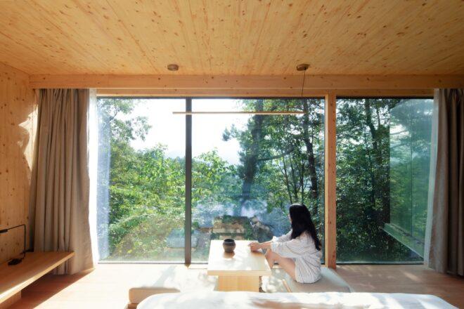 person sipping tea and looking out window