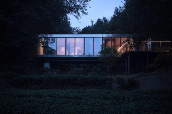elevated glass cabin in forest