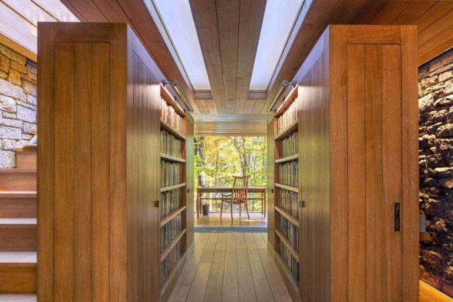 large bookshelves full of poetry volumes