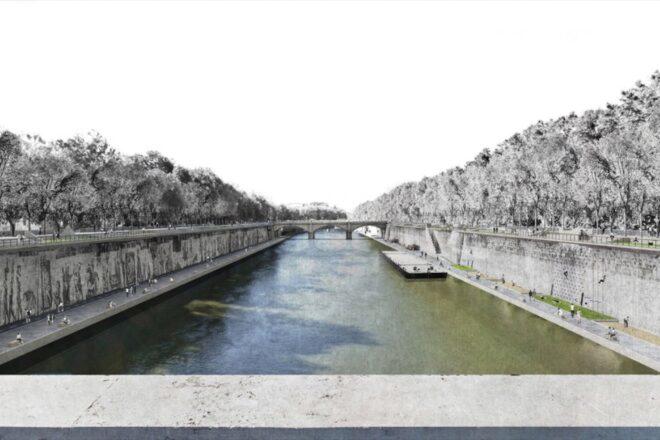 rendering of park space on banks of Tiber River