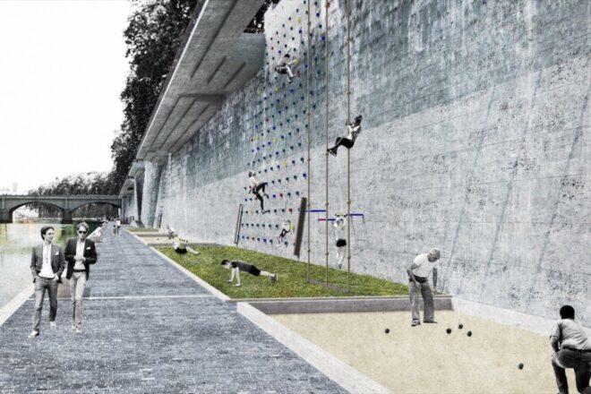 rendering of rock climbing wall on river flood wall