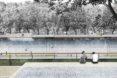 rendering of people sitting and talking while looking toward a river