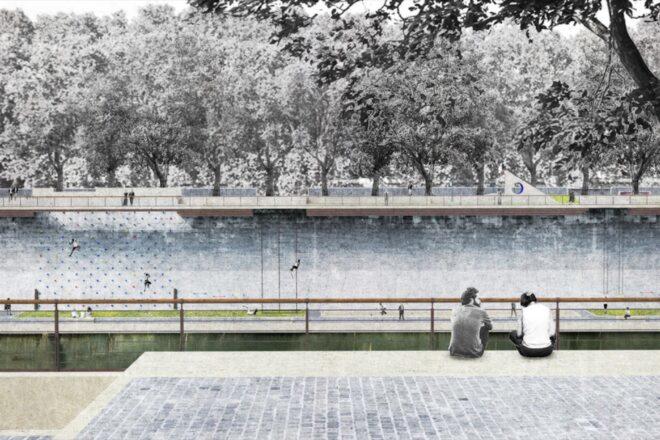 rendering of people sitting and talking while looking toward a river