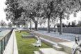 rendering of people meditating and practicing yoga in a park
