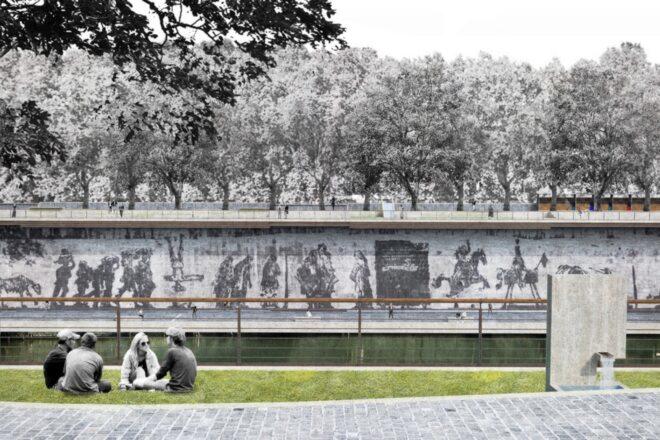 rendering of river flood walls covered in art