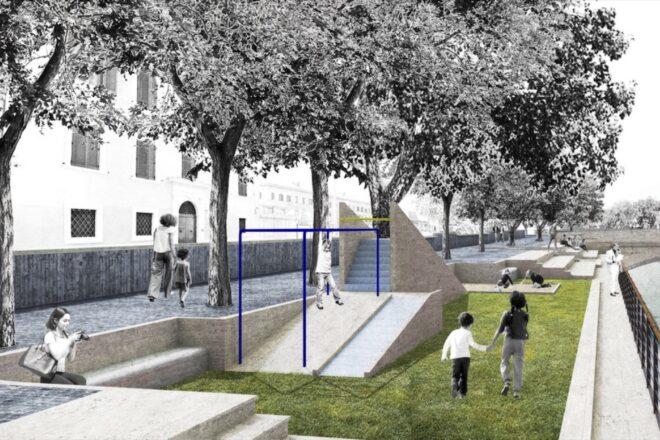 rendering of outdoor gym equipment in a park