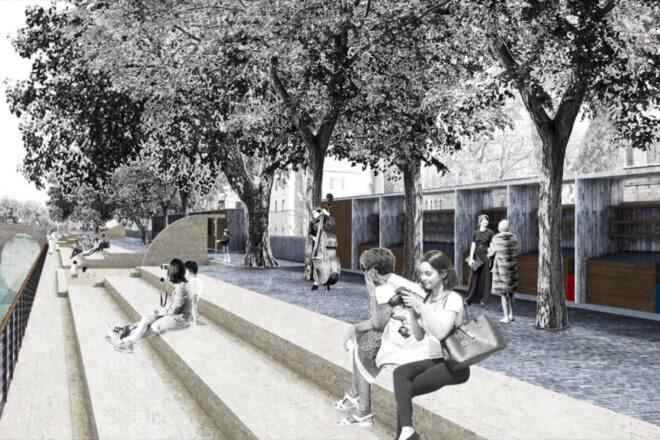 Rendering of stepped seating in a park