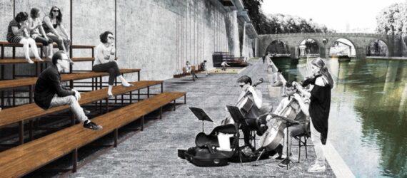 rendering of people playing music to crowd sitting on benches near a river