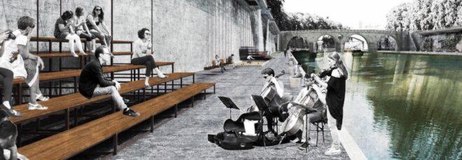 rendering of people playing music to crowd sitting on benches near a river