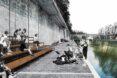 rendering of people playing music to crowd sitting on benches near a river