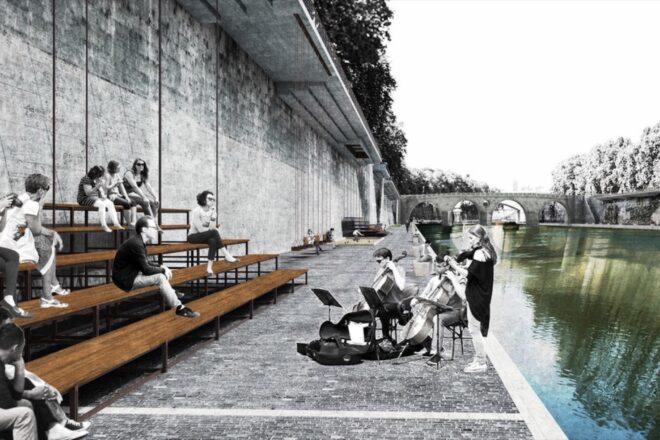 rendering of people playing music to crowd sitting on benches near a river