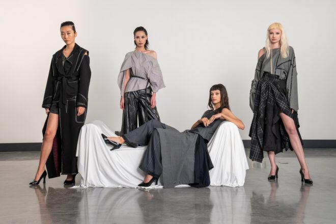 people wearing gray fashionable clothing