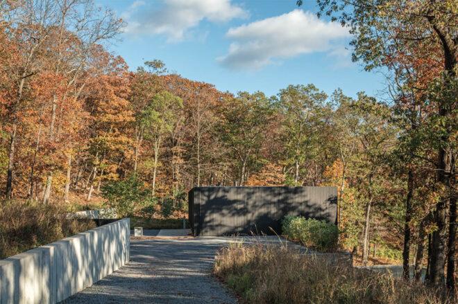 a forest of green, orange and brown trees with a gravel path leading to a dark, block-like structure.