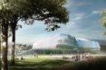 a rendering of a large, wavy building with a glass facade. the building sits on a large green lawn and features sloping rooftops that incorporate greenery into the building design. people sit and walk on the lawn outside.