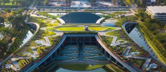 an overhead view of a multilevel green rooftop structure.