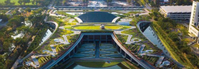 an overhead view of a multilevel green rooftop structure.